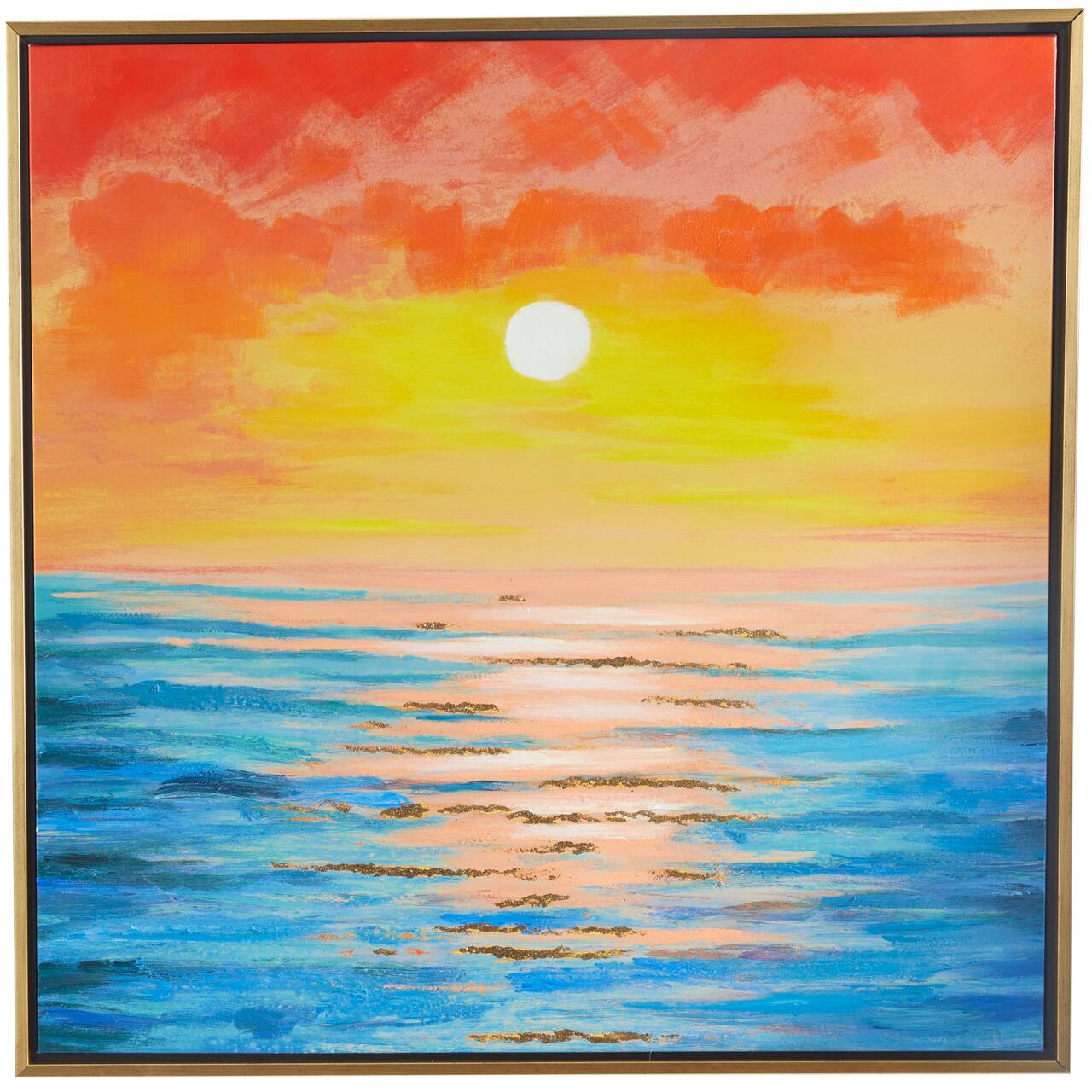 Multi Colored Canvas Handmade Ocean Sunset Landscape Framed Wall Art with Gold Frame 37" x 1" x 37"